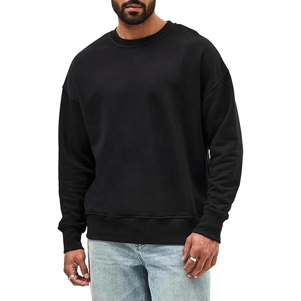 JIHUILAI Black Men's Crewneck Sweatshirt Plain Sweatshirts